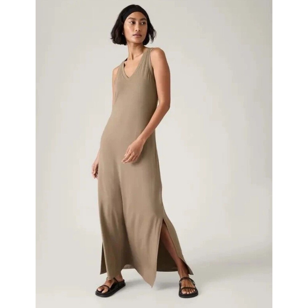 ATHLETA Santorini Maxi Dress Taupe Brown 1X Sleeveless Stretch Casual Women's